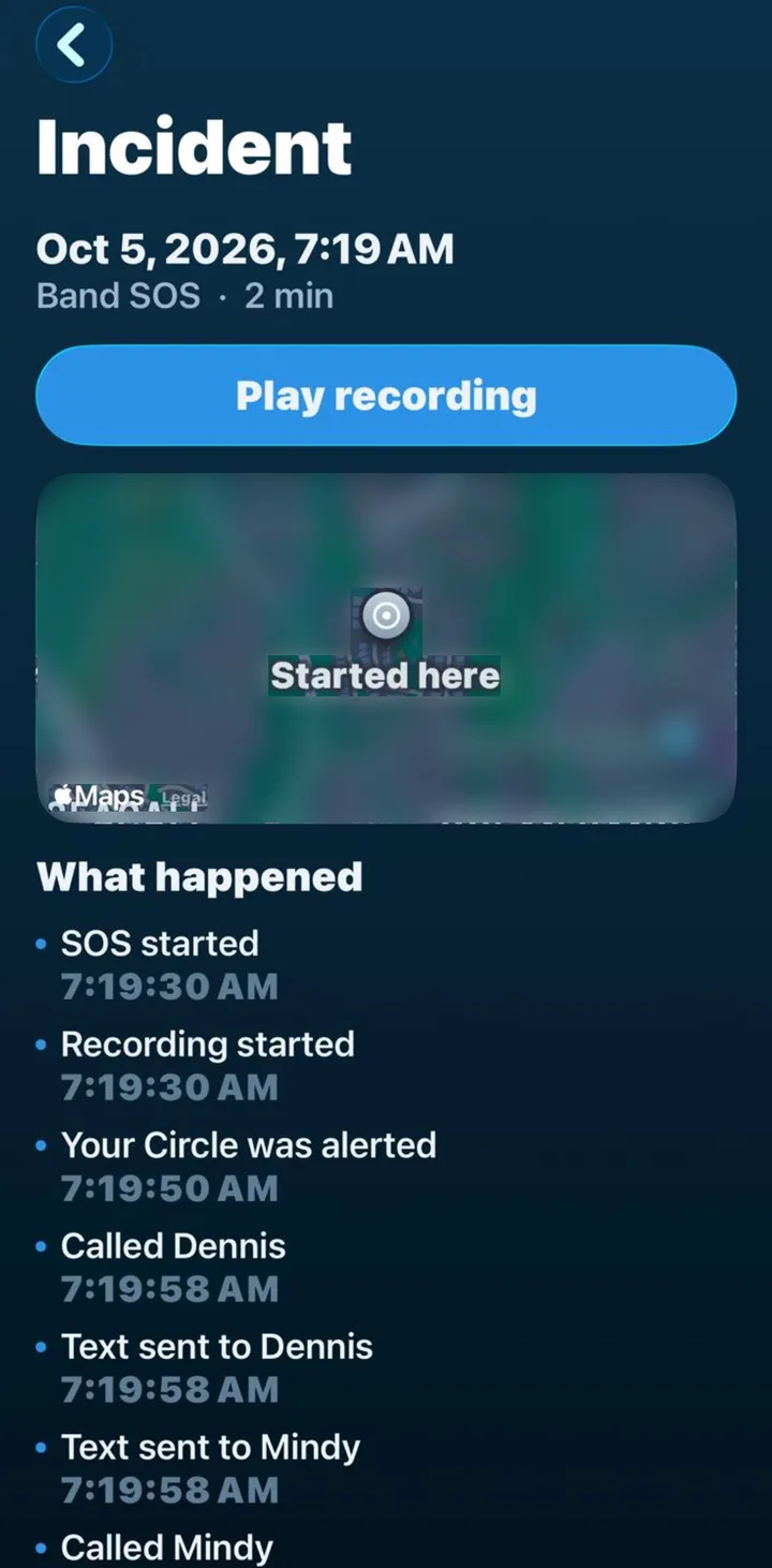 A private VigilantHer incident record with Play recording, the starting point on a map and a timeline of what happened