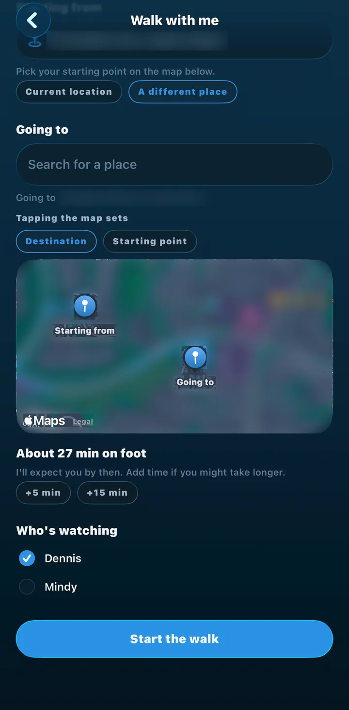 The Walk with me setup screen in VigilantHer: destination, estimated time on foot and who's watching