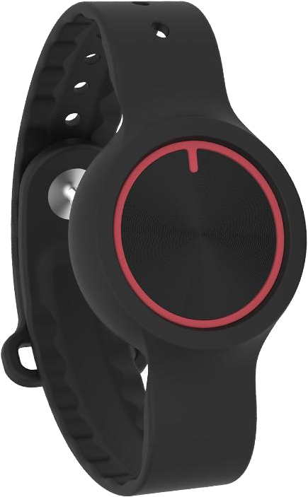 The VigilantHer wearable SOS band: a small black wristband with a round button ringed in red
